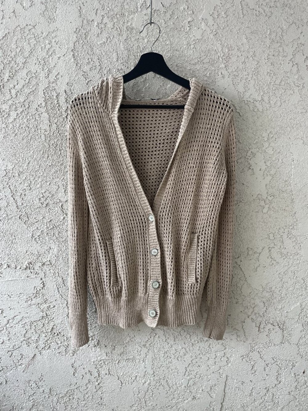 T by Alexander Wang Beige Open Knit Hooded Cardigan Sweater Small